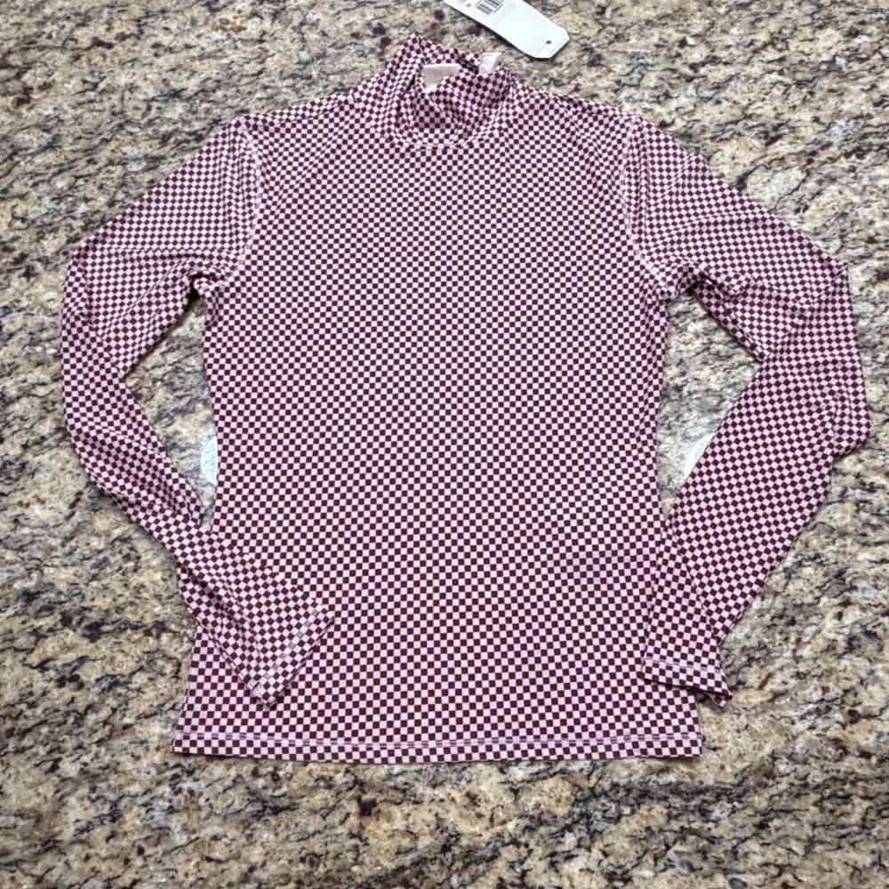 NEW Levis Womens Checkered Mock Neck Long Sleeve Top Burgundy Pink M ws
